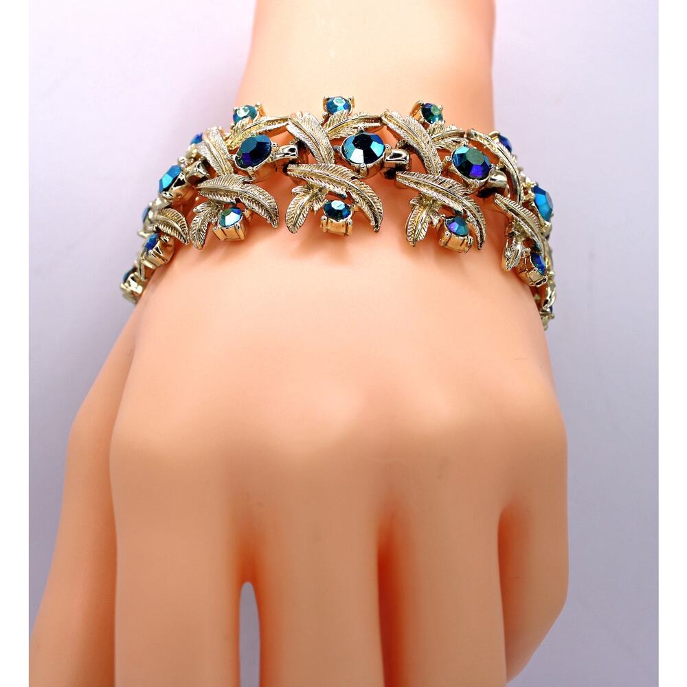 Vintage Coro Gold Tone Peacock Aurora Borealis Rhinestone Braceletd - Picture 4 of 4